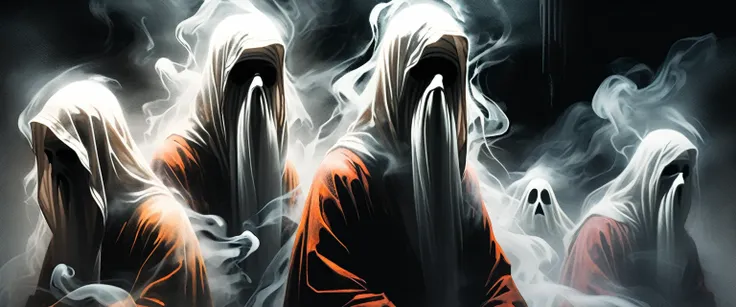 close up portrait of line ghosts of Buddhist monks, many ghosts, without faces, shadows, night, jungle, smoke, fog,  graphic style of novel comics,dark novel style, comic, 2d, 8k, hyperrealism, masterpiece, high resolution, best quality, ultra-detailed, su...