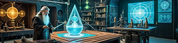 Techno-mages laboratory":
"Depict a fantastic laboratory where scientific instruments coexist with magical artifacts. In the foreground, a maker-wizard creating a holographic projection of an NFT artifact. Around him, miniature drones resembling fairies ar...