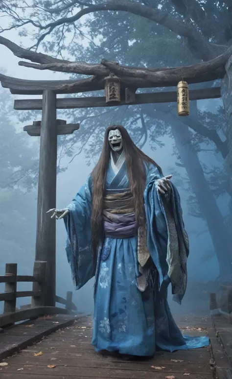 yokai, ghostly figure with long flowing hair, traditional kimono, ancient shrine, spooky atmosphere, ethereal blue glow, high re...