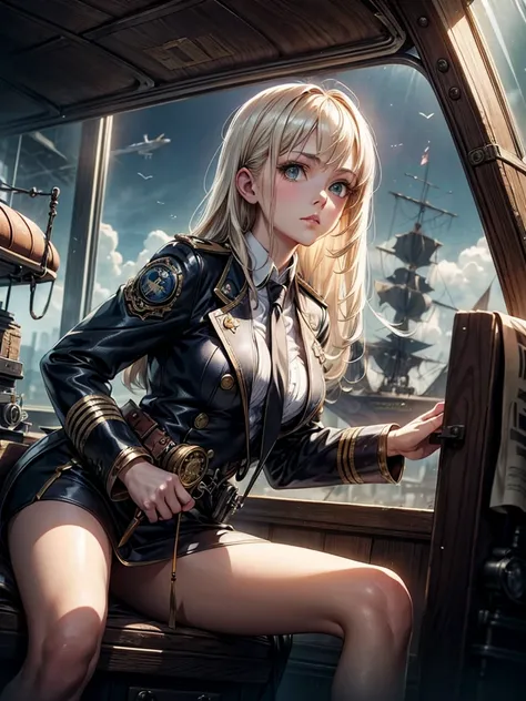 a steampunk-themed artwork featuring a beautiful woman as an intrepid airship captain, ready for adventure, platinum blonde hair...