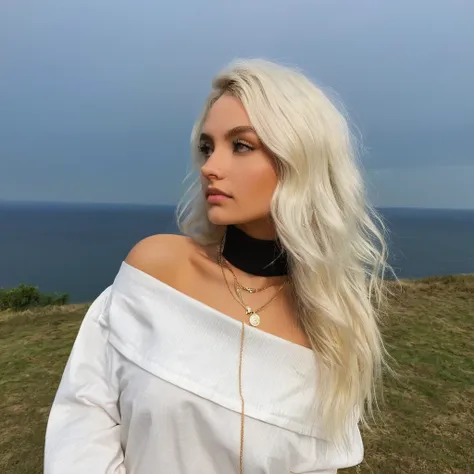 глядя прямо в камеру, зернистость, текстура кожи, instagram selжie oж a woman with long loose blonde hair wearing a choker,eveni...