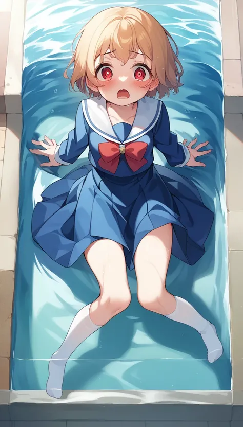 score_9, score_8_up, score_7_up, source_アニメ, masterpiece, 1girl, (work), blue dress, white sailor collar, red bowtie, white long sleeves, full body, from above, looking at viewer, indoors, open mouth, (Completely flooded)、The whole body is immersed in wate...