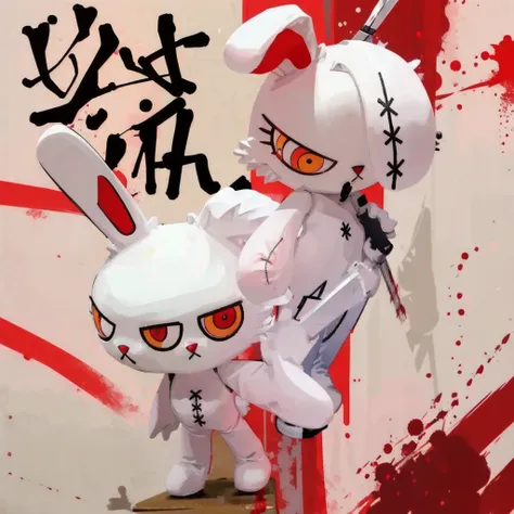 1girl,furry,bunny doll,single handed knife,blood stain,cartoonized,solo,battle,bloody bunny,sexy body,not human