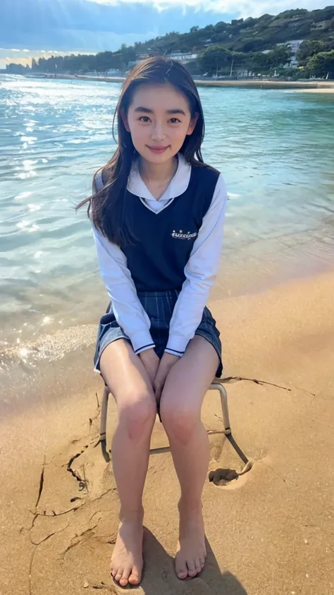 At the beach dyed in the sunset、Cute Japanese  playing in the water by herself。She has straight black hair down to her shoulders、The bangs are cut straight above the eyebrows。She is wearing a traditional Japanese uniform.、The uniform is a sailor top with a...