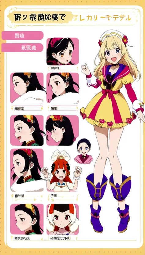 character design board, anime girl, design, character sheet, just one character, happy