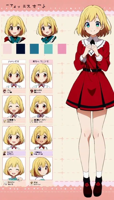 character design board, anime girl, design, character sheet, just one character, happy