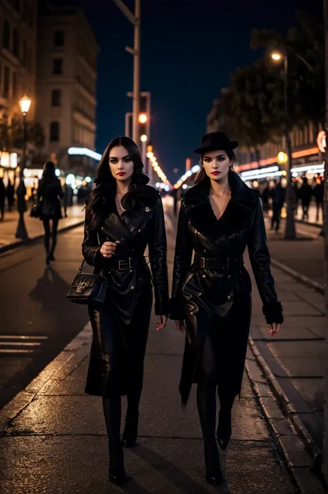 Very stylish vamp girls walk along the street of a night city illuminated by night spotlights