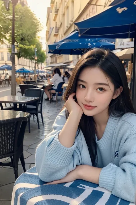 Mood photo for advertising, 16-year-old girl sitting at a coffee table holding a tablecloth with blue and white patches, outside sidewalk cafe, Exterior front shot, Close-up selfie, In addition to cobblestone paving, in paris, Enjoy a cuppaccino, morning s...