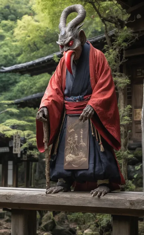 tengu, humanoid creature with a red face and long nose, wearing traditional Yamabushi clothing, perched on a wooden beam inside a temple, mystical and imposing, high resolution, detailed traditional Japanese architecture, overgrown with vines, old prayer t...