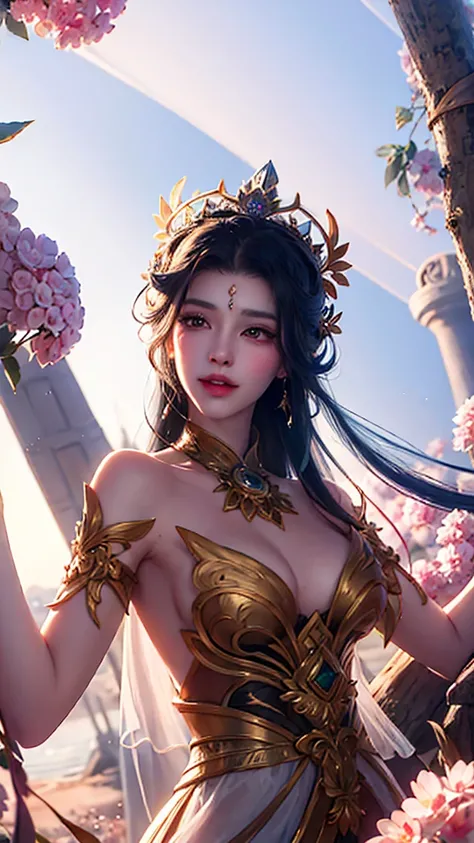 Close-up of a young girl, with flowers in the hair, Without clothing, completely naked, the whole body is exposed, beautiful drawing of the characters, fair empress fantasy, palace, young woman, beautiful fantasy art, High quality detailed 8K graphics, 2. ...