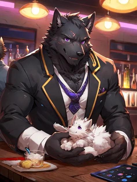 embedding:Black wolf，male, Purple eyes,Scar on the face, Single Person,black fur.The chest and abdomen are white fur.The mob boss,Tattoo,Black suit,At the bar,happy，Smart,Adult male,Handsome,Best quality hands, best quality eye，detailed fur，Delicate eyes.E...