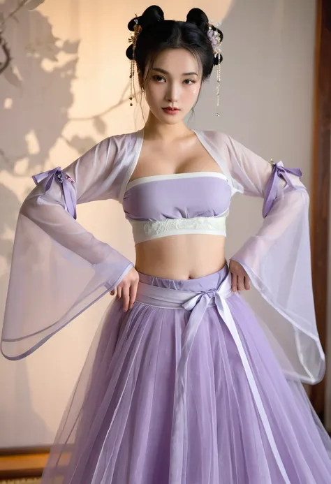 Mei Niang was wearing a pale purple Luoza shirt with wide sleeves and breasts.，Wearing a pure white gauze bellyband，A pair of nipples are faintly visible through the tulle，The chest-high bellyband is exposed，The upper body is very close-fitting because of ...