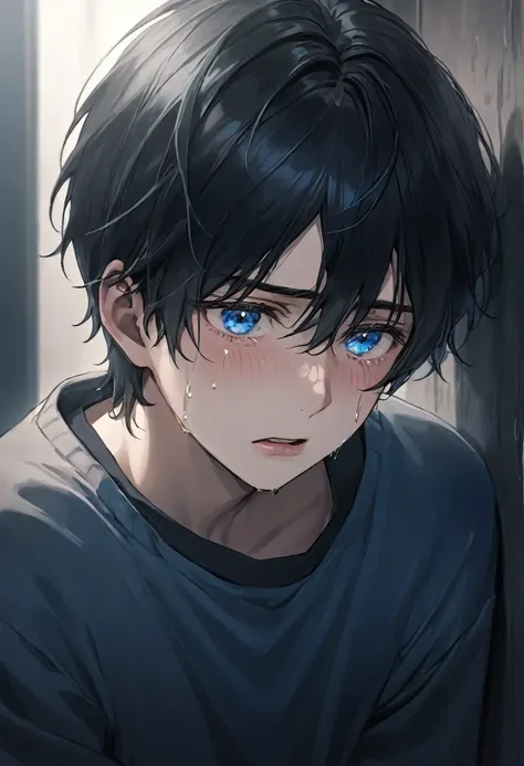 a high school boy with black hair and blue eyes, crying in the corner of the school, four men stood before him.. this boy has de...