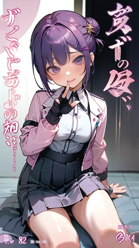 Top Quality, 8K, 4K, High Definition, Detail, (better-quality, 8K, 12), top-quality, 1 girl、purple short bob hair clip tied into a bun、black eyeedium breasts、uniform、gray jacket with pink line, fingerless gloves、thighs、Ilcha fousing on her, surprise face, ...