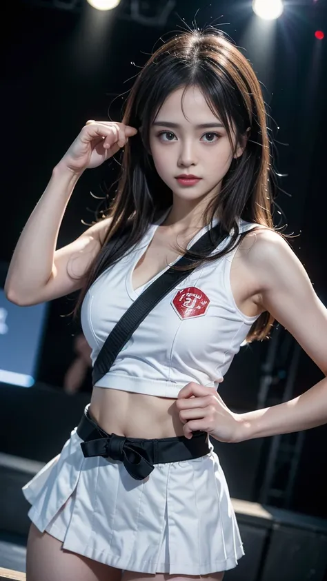 (Karate Girl, During a karate match), (Cute school girl, Baby Face:1.4, Idol Face), ((Fighting Pose)), Slender body line, Small and slender figure, (Beautiful breasts, A ripped karate uniform), Black belt, ((Detailed eyes and face:1.2, Professional photogr...