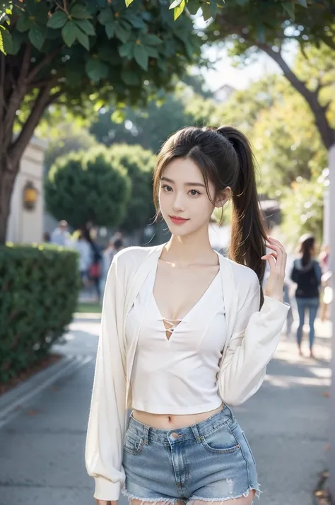 (((best quality))),(((ultra detailed))),(((masterpiece))),illustration,((1 beautiful girl,solo)),((slim,thin)),((small breasts,flat chest)), outside school gate, summer twilight, sunlight,(short ponytail:1.3),((claviclies,cleavage)),((white long-sleeved sh...