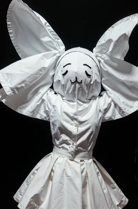 Ghost in full white skirt, hands raise like puppet, full body, no face, ultra realistic, detailed, black background