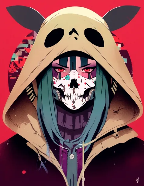 a close up of a person with a skull face and a hood on, cyberpunk art by Liam Wong, trending on pixiv, lowbrow, anime skull portrait woman, jen bartel, artwork in the style of guweiz, cyberpunk art style, cyberpunk horror style, eerie art style, loish |, i...