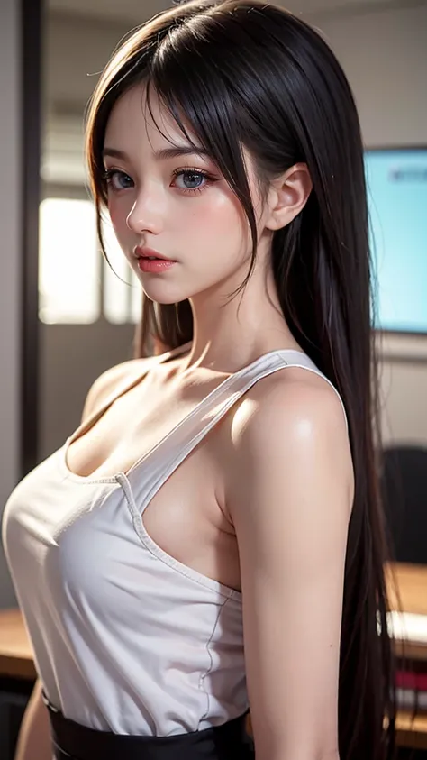 Office Culture，Image gallery，Upper body close-up，A girl who dresses very conservatively，She is the most beautiful girl here，The picture is very realistic，（Very detailed），Add details，再Add details，（Extremely realistic skin texture），Increases skin texture，The...