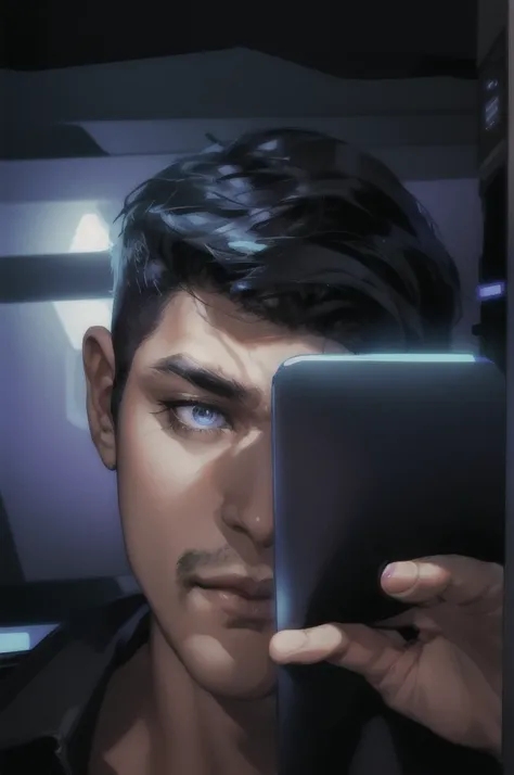 a mature tall muscular handsome man with finely detailed eyes and intricate facial features, looking directly at the viewer in a solo half-shot portrait, set against a detailed futuristic high-tech background with holographic displays, advanced technology,...