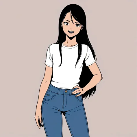 masterpiece , best quality , color , lineart , 1 girl , solo , 20 years old , flat chest , long hair , black hair , short sleeve , white tshirts , long pants , jeans , smirk , standing , hand on hip , open eyes , looking at viewer , open mouth , cowboy sho...