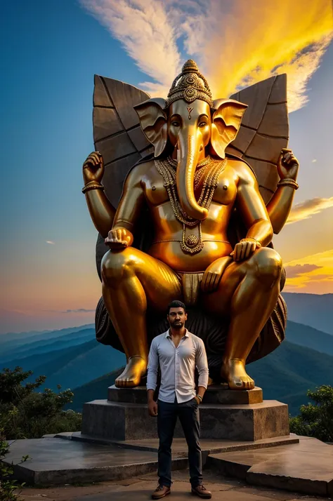 This image depicts a man standing on a mountain at sunset, with a large statue of Lord Ganesha in the background.