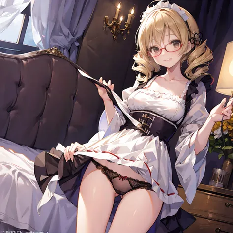 Slim woman wearing glasses、Show your underwear、Sheer lace underwear、Long maid outfit、Mami Tomoe、smile、Bedroom、Are standing