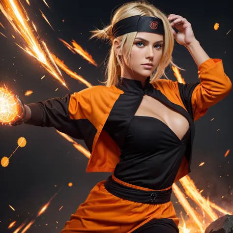 Hot profile picture in a dynamic pose, ready for action. He should be wearing his signature orange and black ninja outfit, complete with a headband featuring the Konoha symbol, masterpiece, extremely accurate rendering, cool handsome Naruto, blond hair, lo...