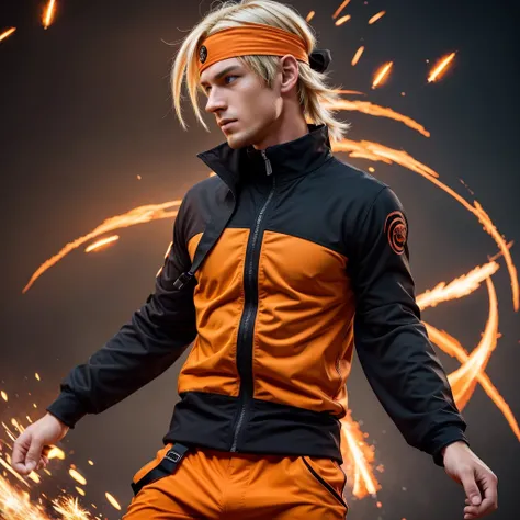 Hot profile picture in a dynamic pose, ready for action. He should be wearing his signature orange and black ninja outfit, complete with a headband featuring the Konoha symbol, masterpiece, extremely accurate rendering, cool handsome Naruto, blond hair, lo...