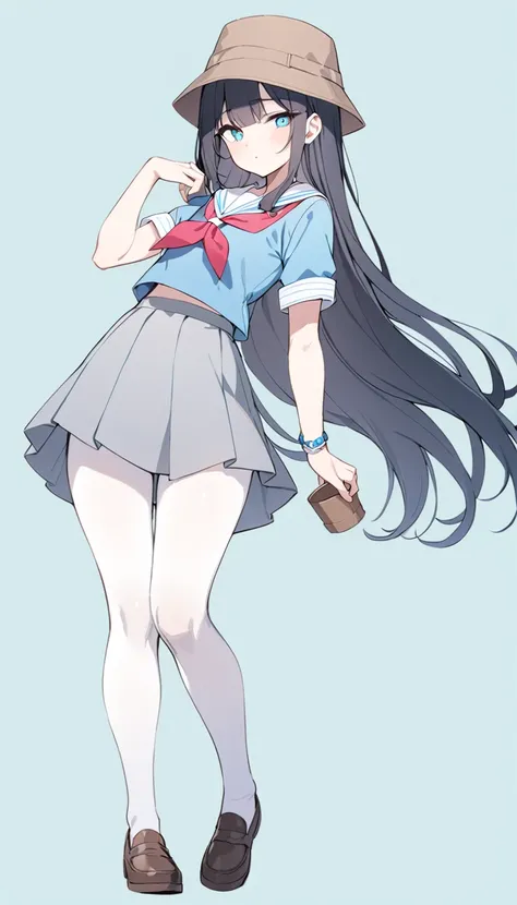 masterpiece, best quality, illustration, simple background, cyan background, full body, 1girl, solo, black hair, long hair, long bangs, brown bucket hat, looking at viewer, smiley , blue eyes, beautiful eyes, detailed eyes, seifuku, blue jacket, short slee...