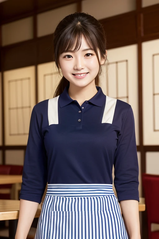 (Highest quality, masterpiece:1.3, Super High Resolution), Japanese women, 20-year-old, Inside the beef bowl restaurant, Navy blue polo shirt, Striped Apron, Wearing a uniform, Laughter, Talk to your customers,