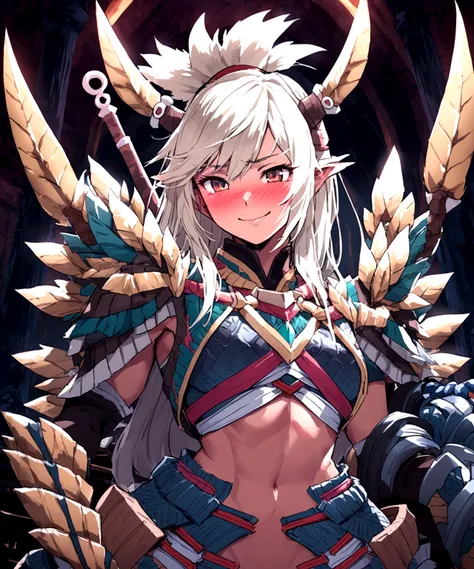 (monsterhunter)), looking the viewer, solo, girl, shy, red cheek, bashful, embarrassed, smiling, happy, perfect face, muscular,  long hair, beautiful eye, upper body