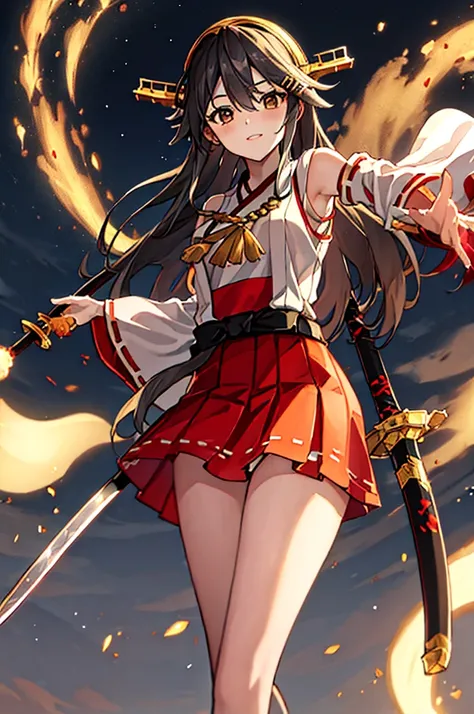 4k, (masterpiece), highest quality, fleet collection,haruna,miko costume,brandishing a japanese sword,