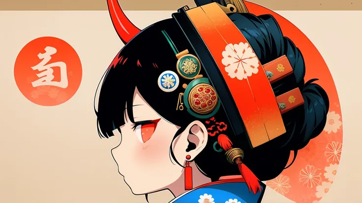 on inft, one girl, alone, black hair, jewelry, earrings, mask, red eyes, kimono, letterbox, kimono, profile, mask on head, flora...