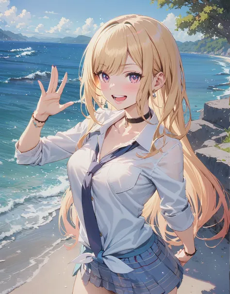 anime girl with long blonde hair and blue dress posing on the beach, fine details. girls&#39; frontline, smooth anime cg art, i ...