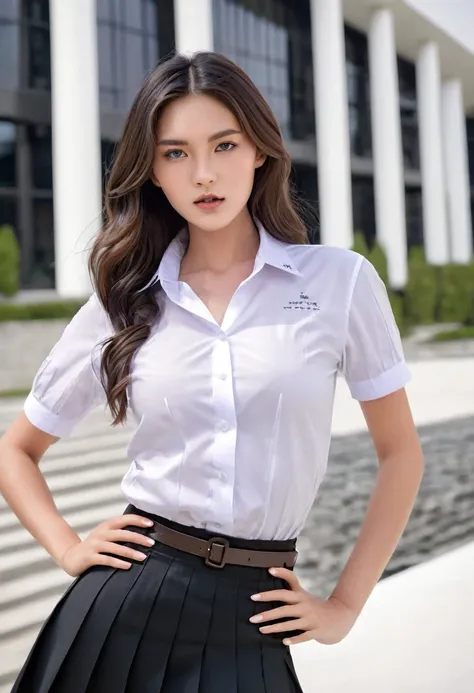 masterpiece :1.3), a tall and pretty woman, slender abs, dark brown hair styled in loose waves, breasts, student uniform, white ...