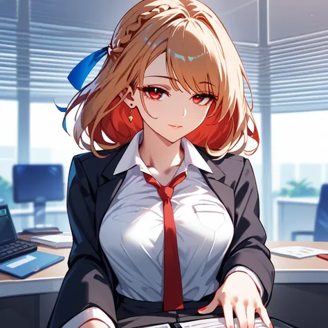 1girl, medium breasts, medium hair, (blond hair), french braid, red eyes, office suit, score_9, score_8_up, score_7_up, score_6_...