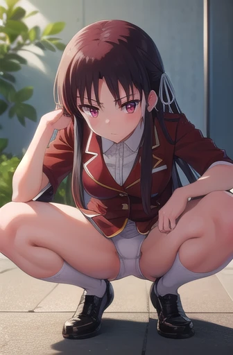 suzune horikita, (Red eyes:1.3), Hair Ribbon, uniform,squat,White panties,Spread your legs,Squat,Hands behind head,whole body,front