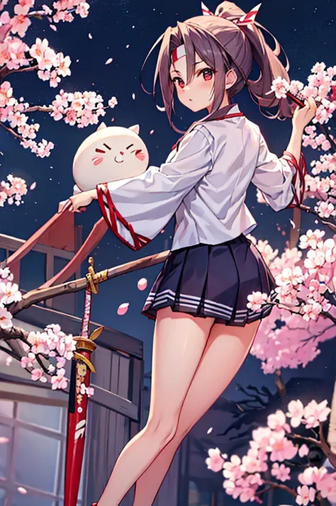 4K, Highest quality, Fleet Collection,Ruifeng,Sailor suit,Holding a Japanese sword,ponytail,A night of falling cherry blossoms,