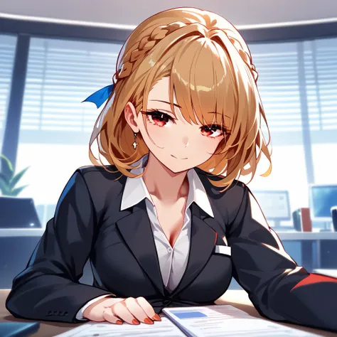 1girl, medium breasts, medium hair, (blond hair), french braid, red eyes, office suit, score_9, score_8_up, score_7_up, score_6_...