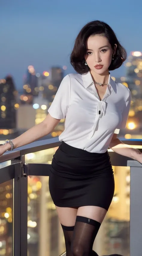 ((Midnight, Best quality, 8K, Masterpiece :1.3)), Whole body, Long legs, Sharp focus :1.2, A pretty woman with perfect figure :1.4, Slender Abs :1.1, ((Dark brown hair, Big breasts :1.2)), (Nakajoy T-shirt), ((Night city view, Rooftop:1.3)), Highly detaile...