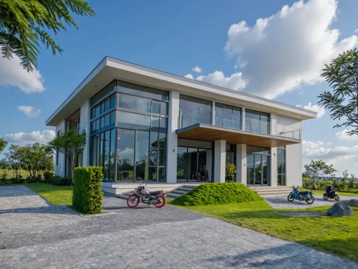 Masterpiece, high quality, best quality, authentic, super detail, outdoors, onestoreyvillaXL, aiaigroup, house style modern on the street ,stairs, white wall ,road,pavement, grass, trees, sky, cloud, (daylight:1.1)
