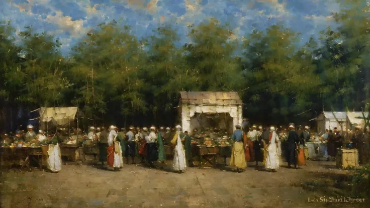 A Market in the Eighteenth Century, a oil painting by Louis Marie de Schryver