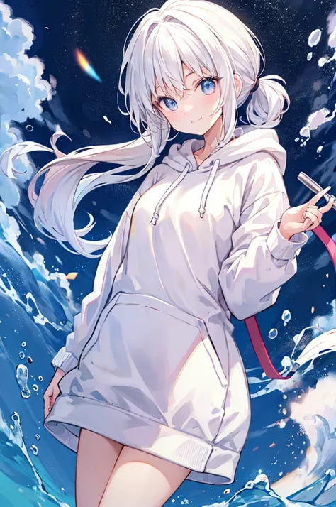 White Hair、A single ponytail next to the face、cute、smile、A slacker hoodie