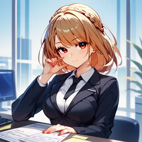 1girl, medium breasts, medium hair, (blond hair), french braid, red eyes, office suit, score_9, score_8_up, score_7_up, score_6_...