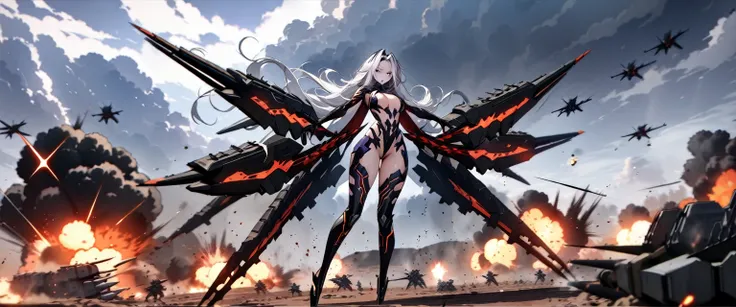 (((masterpiece,Highest quality))),(((A beautiful yet terrifying anime goddess of vengeance, raging in the air with her silver hair standing on end.))),((A battlefield with missiles and explosions flying around in a cloudy storm)),(Arms and legs spread),(hi...