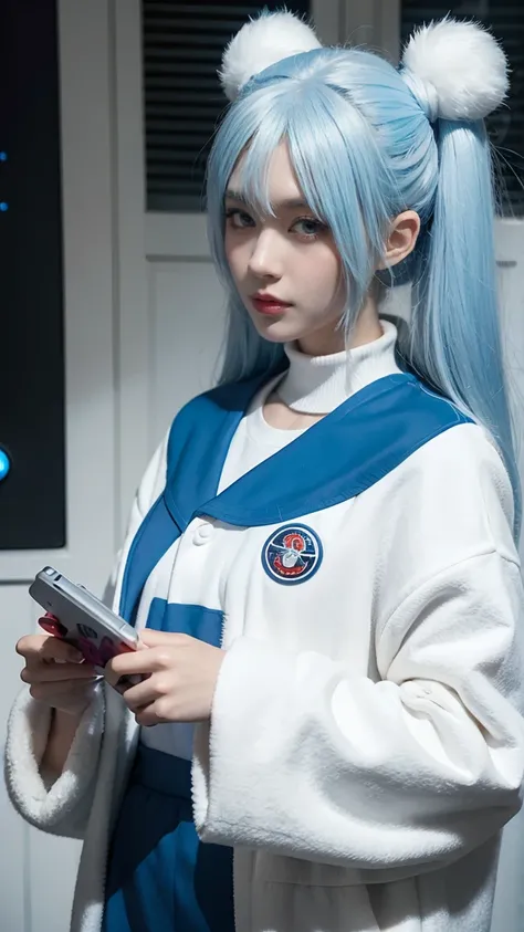 Polar Bear，Game master，otaku，Blue-white hair，In front of the game console，Pokémon Trainer Costumes