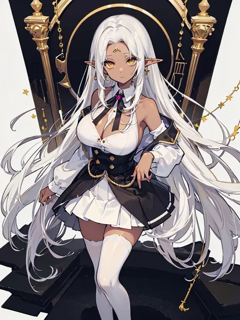 standing, (masterpiece), best quality, perfect face, gold eyes, dark skin, ((forehead)), elf, jewelry,  (masterpiece, high quality, highest quality:1.2), 1girl, solo, straight hair, long hair, white hair, unbuttoned shirt, white shirt, ((black skirt)), sto...