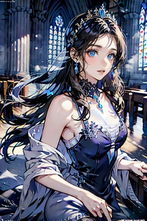 a princess screaming in hatred, detailed face, blue eyes, bioluminescent black dress, very long hair, flying hair, magical