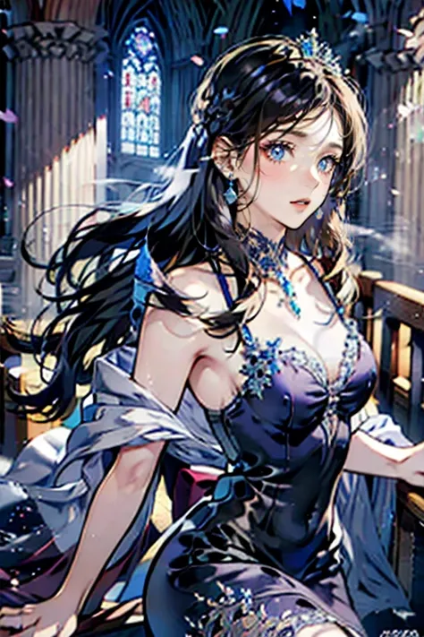 a princess screaming in hatred, detailed face, blue eyes, bioluminescent black dress, very long hair, flying hair, magical